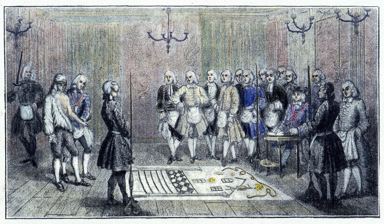 Een leerlingloge in Parijs, circa 1740: deze scène toont de ontvangst van een "leerling" vrijmetselaar (op de vloer het schilderij van de leerlingloge) - volgens een gravure uit die tijd. door Unknown artist