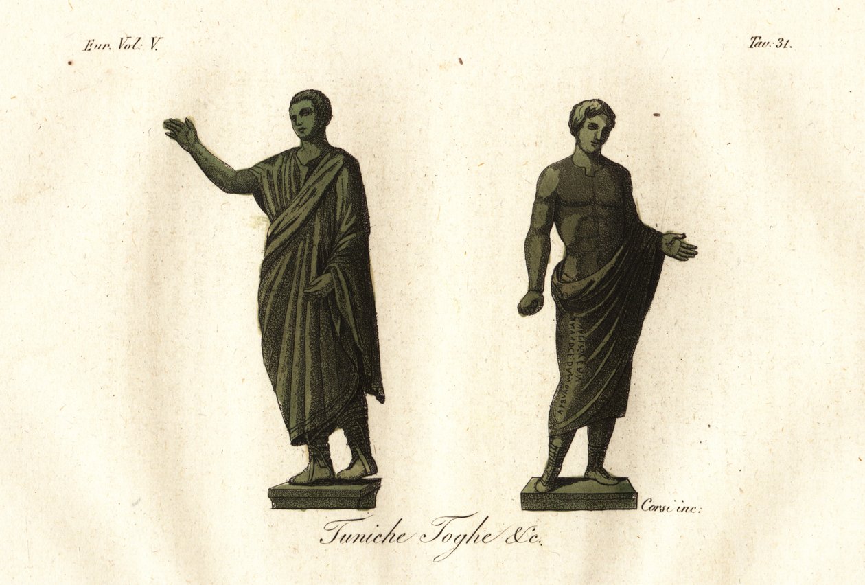 Oude Etruskische beelden van mannen in toga, tuniek, calzari (schoenen) door Unknown artist