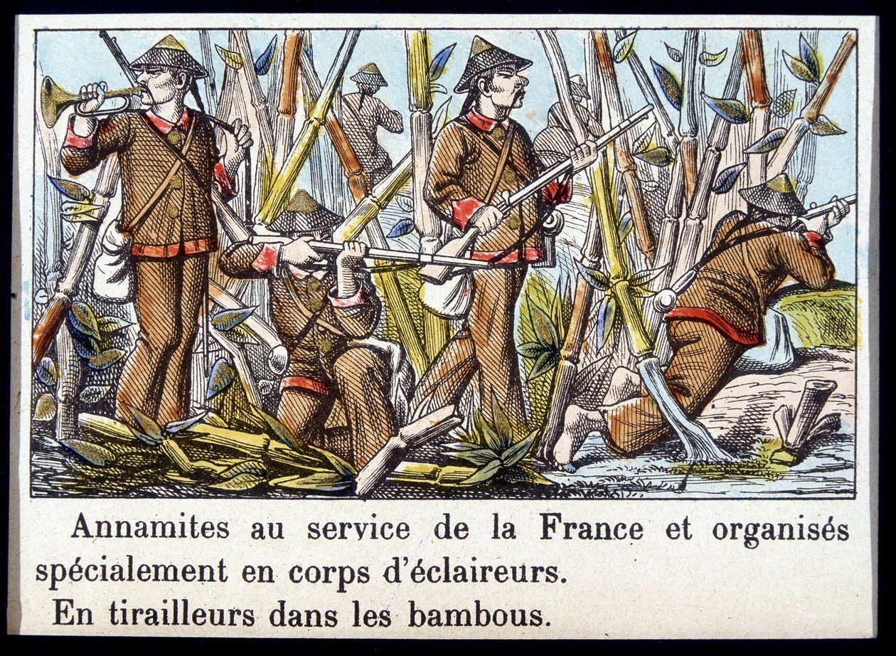 Annamieten in dienst van Frankrijk en speciaal georganiseerd in verkennerskorpsen, in kanonniers in bamboe door Unknown artist