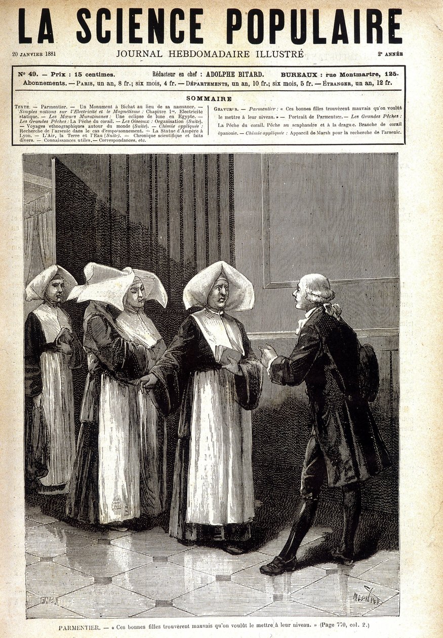 Antoine Augustin Parmentier (1737 - 1813), apotheker bekend om het verspreiden van aardappelcultivatie in Frankrijk, sprekend tot nonnen. in La science populaire 20/01/1881 door Unknown artist