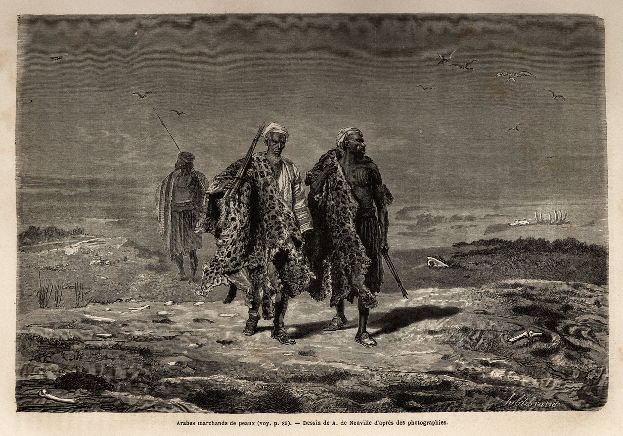 Arabische bedoeïenen, panterhuiden en schapenwolhandelaren, op weg naar de markt van Bagdad (Irak). Gravure ter illustratie van de reis naar Babylon, in 1866, door Guillaume Lejean, in 
