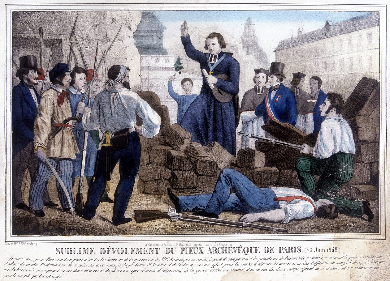 Aartsbisschop Denis Affre stak de barricades over om de opstandelingen te ontmoeten, 25 juni door Unknown artist