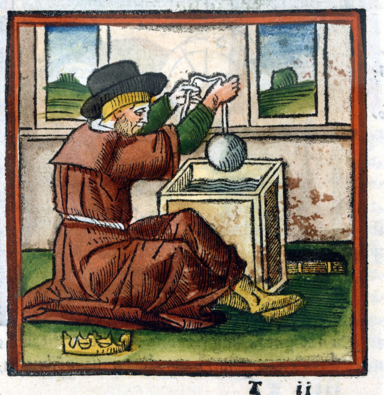 Archimedes bepaalt het gewicht van de kroon van Hieron door onderdompeling in water (ervaring van opwaartse kracht) - gravure door Unknown artist