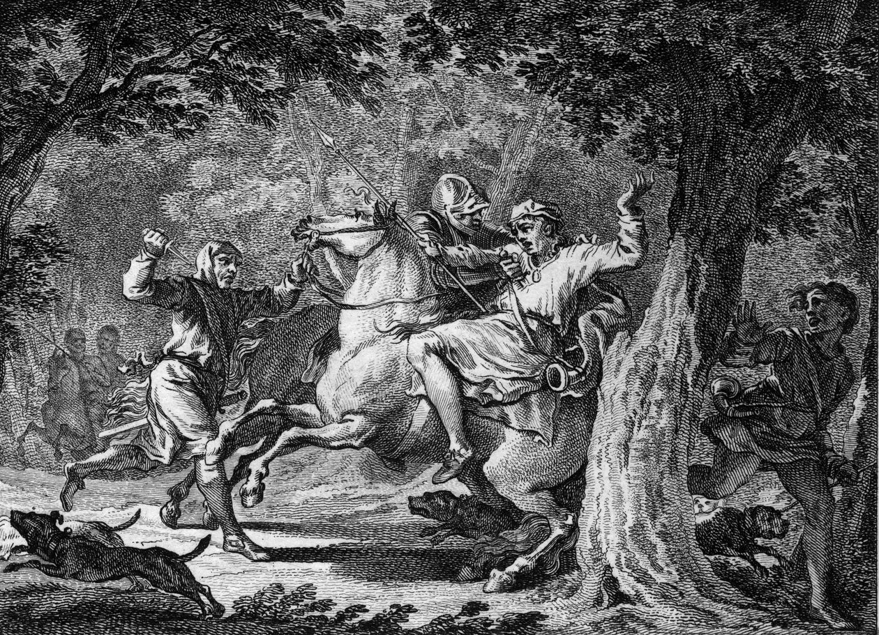 Moord op Childerik II, 675: de koning van de Franken (circa 653-675) werd gedood in het bos van Lognes door Bodillon, een heer die hij had gegeseld. Gravure uit de 18e eeuw. door Unknown artist