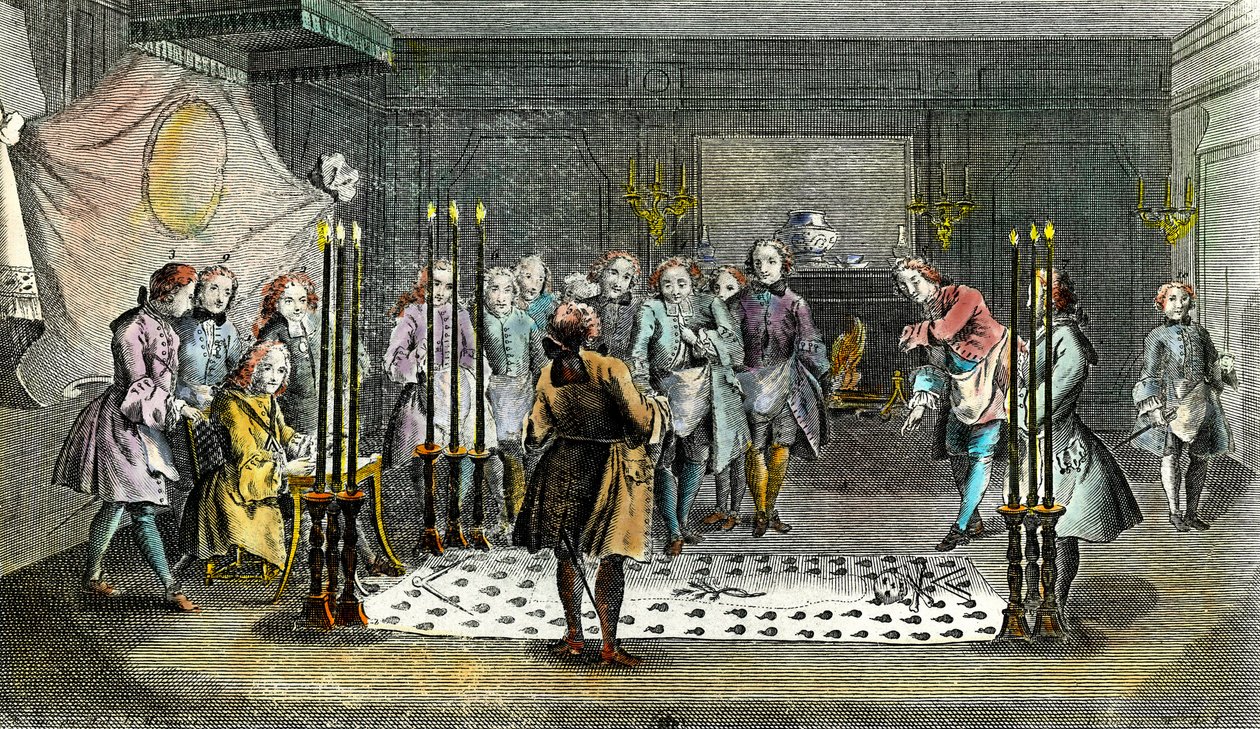 Vergadering van Vrijmetselaars voor de ontvangst van meesters Gravure rond 1750 Privécollectie door Unknown artist