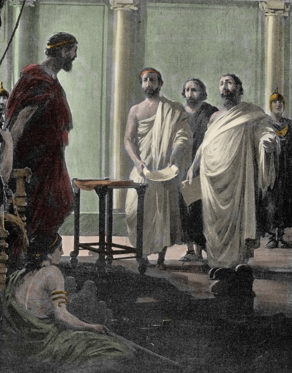 Atheense generaal en politicus Alcibiades (450 v.Chr.-404 v.Chr.), leerling van Pericles en Socrates, teruggeroepen in 407 door het democratische regime in Athene na zijn ballingschap. Gravure uit de 19e eeuw door Unknown artist