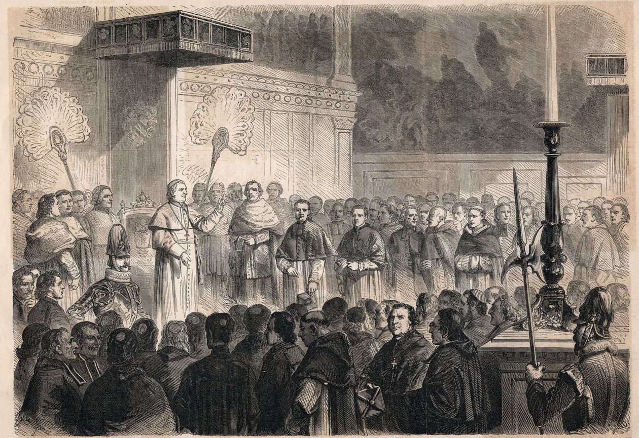 Audiëntie gegeven door paus Pius IX (Pio) (1792-1878) aan buitenlandse geestelijken in de Sixtijnse Kapel (cappella sistina) in Rome ter gelegenheid van de vieringen van de heiligverklaring van de 26 