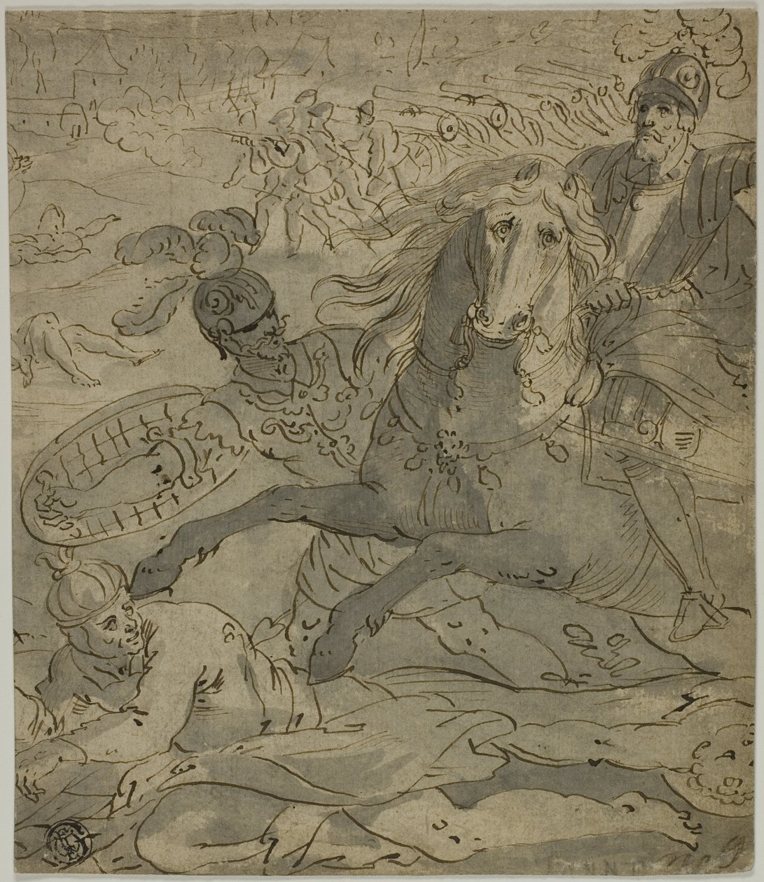 Slagveld met aanvallende generaal te paard op de voorgrond, artillerie en kanonnen op de achtergrond door Unknown artist
