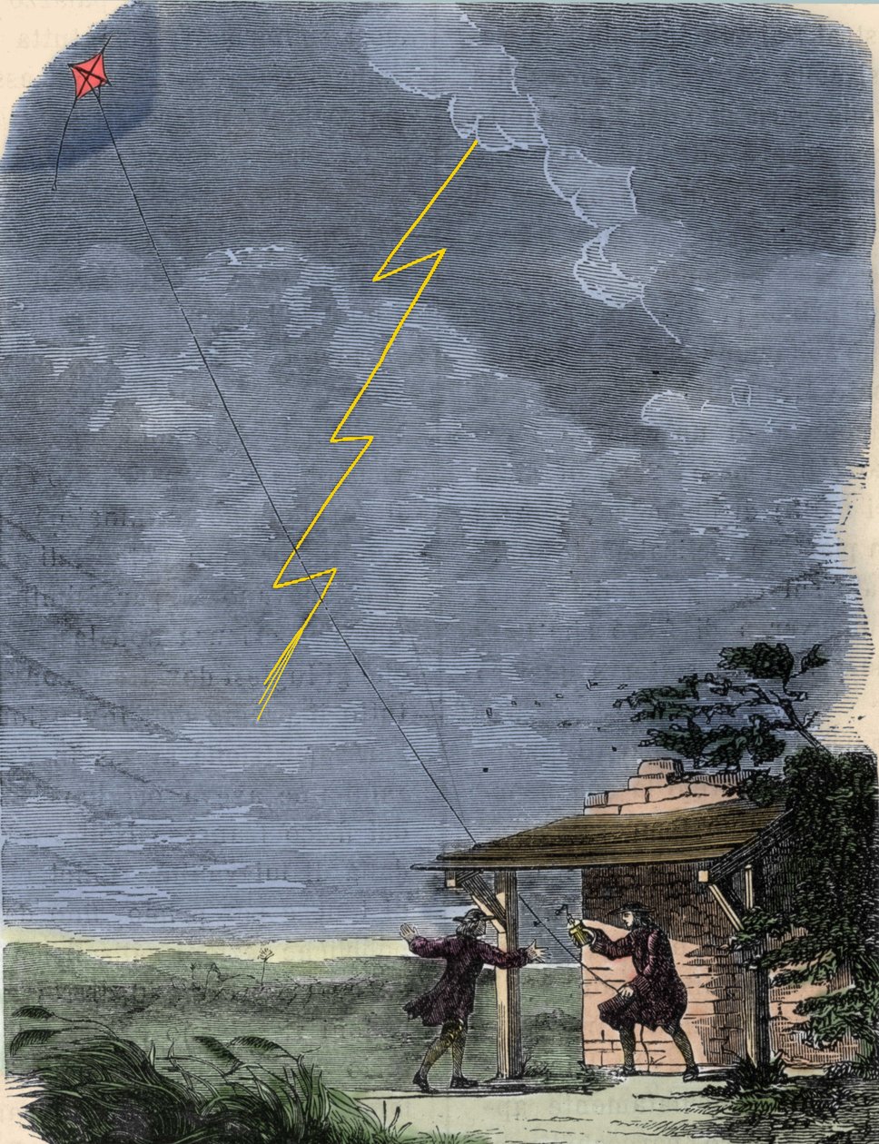 Benjamin Franklin, filosoof, natuurkundige en Amerikaanse ambassadeur, experimenteert met zijn bliksemafleider gemonteerd op een vlieger. September 1752 door Unknown artist