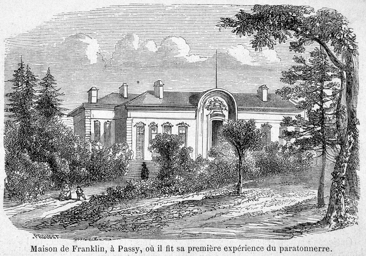 Het huis van Benjamin Franklin in Passy, waar hij zijn eerste bliksemafleiderervaring deed - gravure door Unknown artist