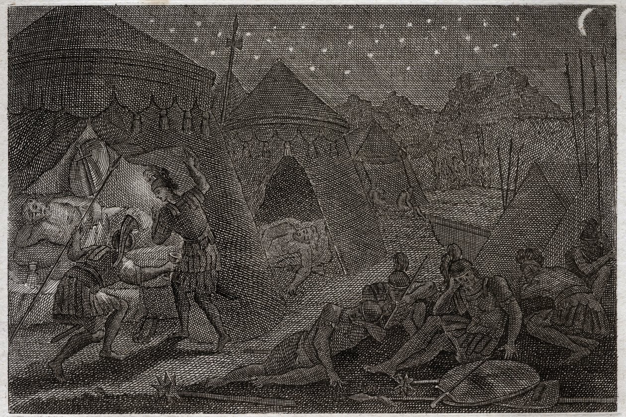 Royaumont Bijbel, Oude Testament: David spaart Saul. David heeft Saul in zijn handen, maar doet hem geen kwaad. Hij neemt alleen de speer en zijn beker. Illustratie uit 1811. door Unknown artist
