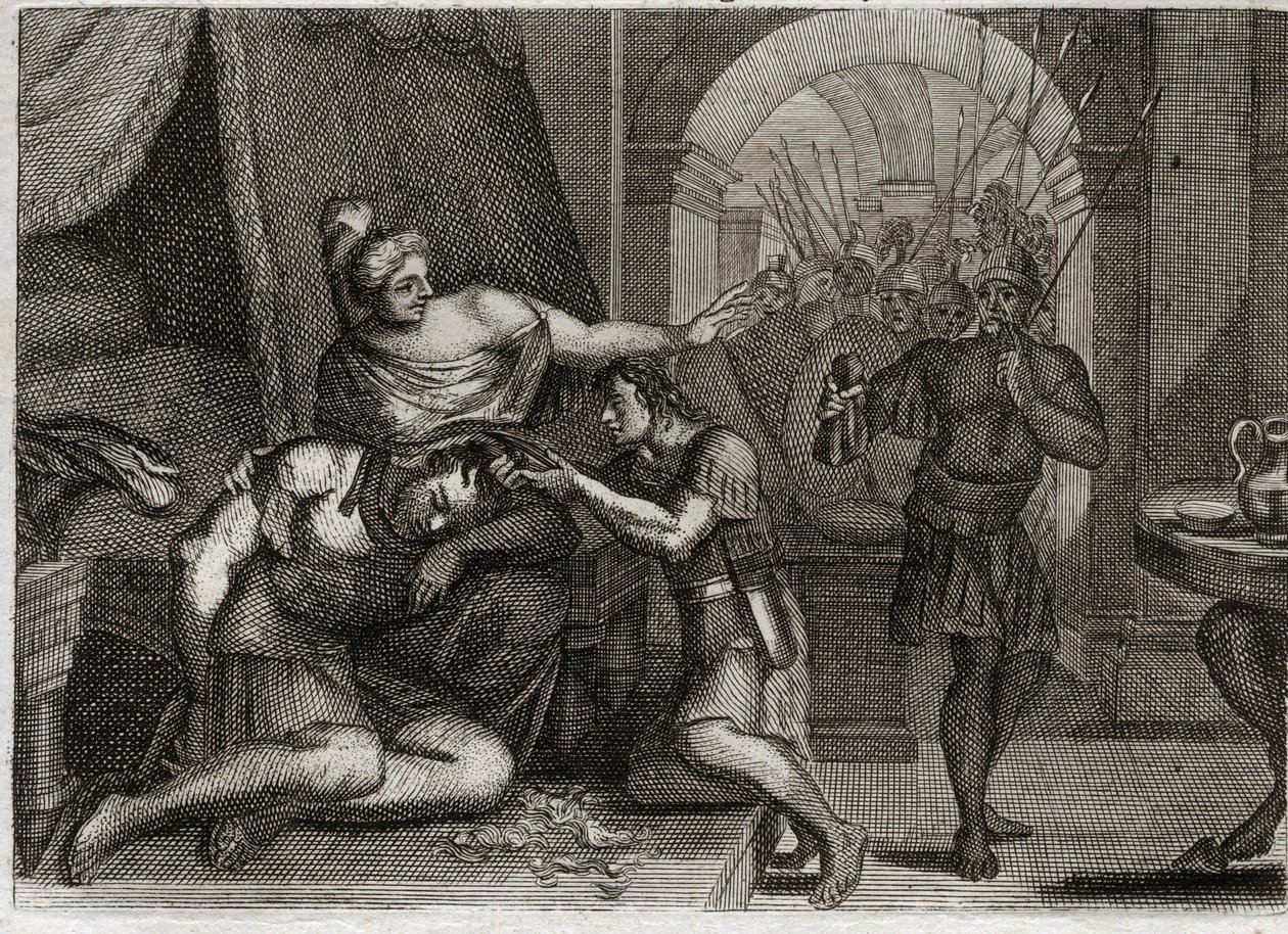 Bijbel van Royaumont, Oude Testament: Dood van Samson. Samson onthult aan Delila dat zijn kracht in zijn haar zit. Ze knipt zijn haar af en brengt de Filistijnse soldaten de kamer binnen. Illustratie uit 1811. door Unknown artist