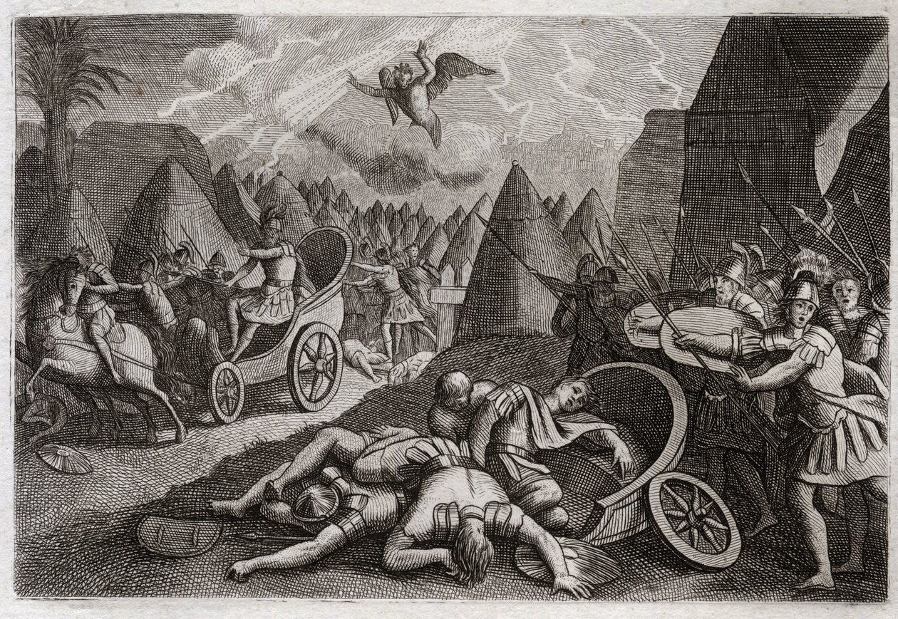 Bijbel van Royaumont, Oude Testament: Nederlaag van Sanherib. God versloeg het leger van Sanherib ten gunste van koning Hizkia door een engel die in één nacht honderdvijfentachtigduizend mannen doodde. Illustratie uit 1811. door Unknown artist