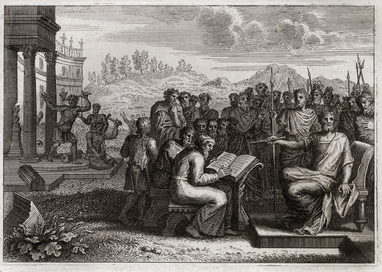 Bijbel van Royaumont, Oude Testament: Vroomheid van Josias. Josia, koning van Juda, herstelt de aanbidding van God in zijn koninkrijk en overtreft alle koningen zijn voorgangers in deugd. Illustratie uit 1811. door Unknown artist