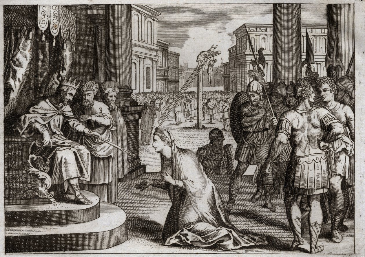 Bijbel van Royaumont, Oude Testament: Straf van Aman. Assuerus I (Xerxes I) hangt Aman (Haman) op aan de galg die hij had voorbereid voor Mardochee (of Mordekhai of Mordecai) en trekt het doodsbevel in dat hij in zijn hele koninkrijk had uitgevaardigd. door Unknown artist