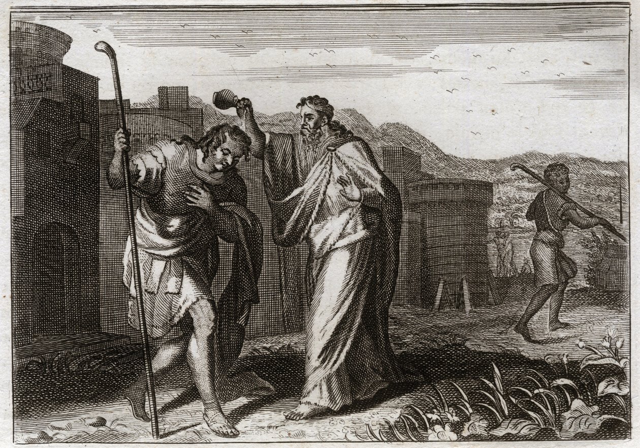 Royaumont Bijbel, Oude Testament: Rite van Saul. Samuel, in opdracht van God, heiligde Saul tot koning van de Joden. Illustratie uit 1811. door Unknown artist