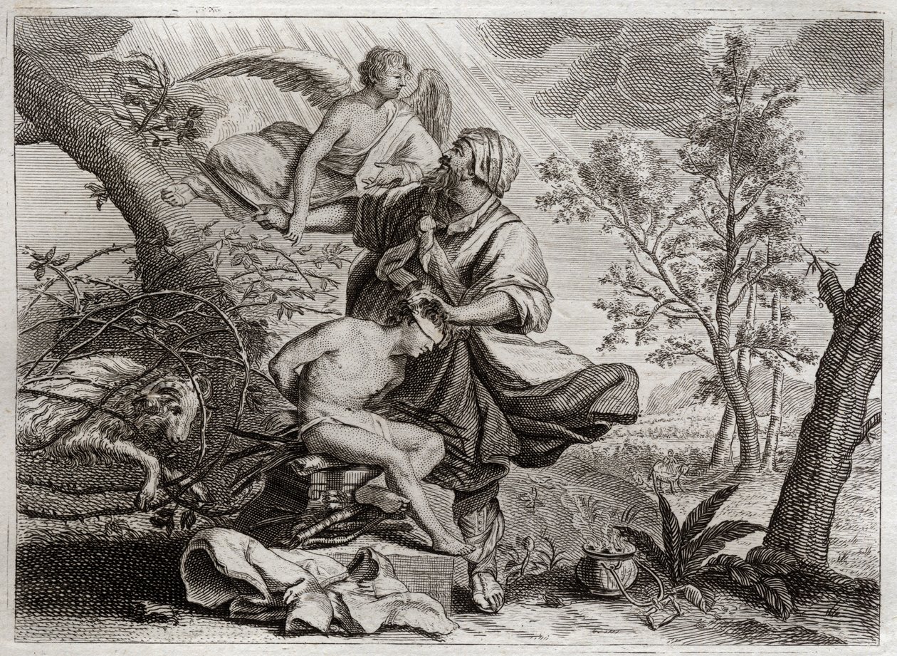 Bijbel van Royaumont, Oude Testament: Offer van Abraham. Een engel houdt Abrahams hand vast voor het offer van zijn zoon Isaak. Links staat de ram die Abraham zal doden. Illustratie uit 1811 door Unknown artist