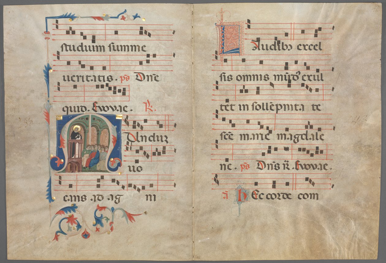Bifolium uit een Antifonarium: Initiaal M met Sint Dominicus Predikend en Muziek door Unknown artist