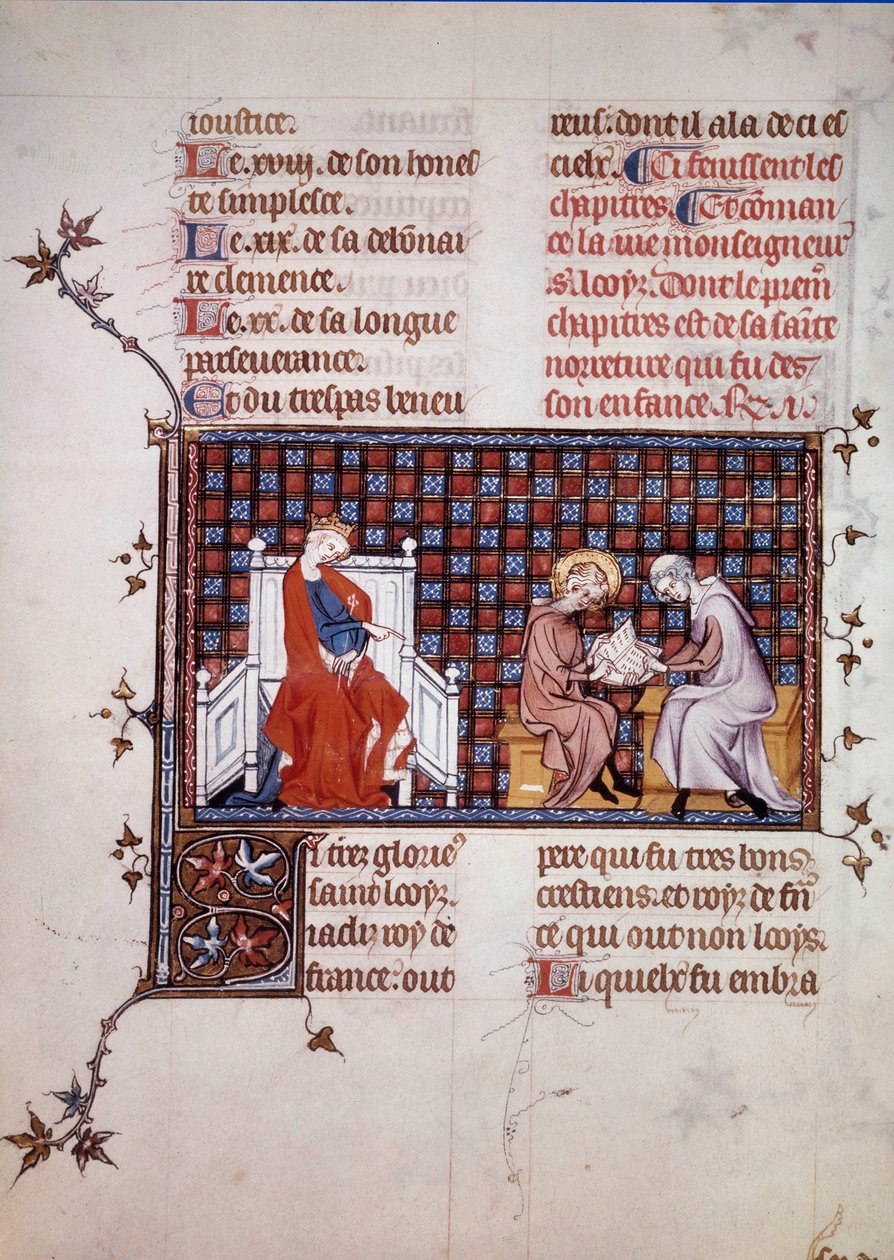 Blanche de Castille, koningin van Frankrijk (1188-1252), leidt de opvoeding van haar zoon Lodewijk IX (1214-1270) (Saint Louis) Miniatuur uit een manuscript “Leven en Wonderen van Saint Louis” door Willem van Saint Pathus. 1320. Parijs, B.N. door Unknown artist