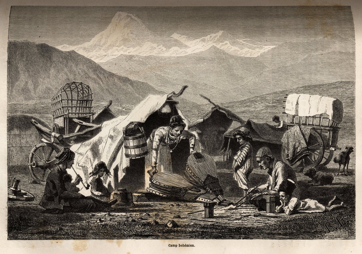 Boheems kamp. Gravure ter illustratie van de reis in de provincies van de Kaukasus, door Basile Vereschaguine, in 1864-1865, gepubliceerd in 