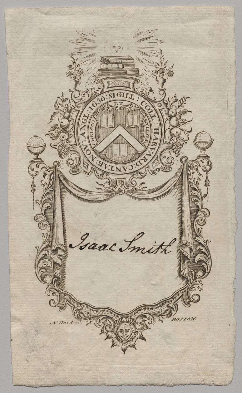 Boekplaat: Wapen met inscriptie Isaac Smith door Unknown artist