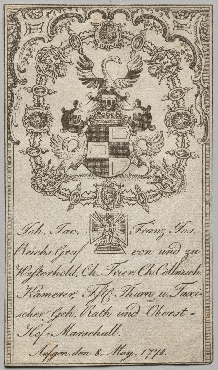 Boekplaat: Johan. Jac. Franz-Joseph, Reichs-Graf von Westerhold door Unknown artist