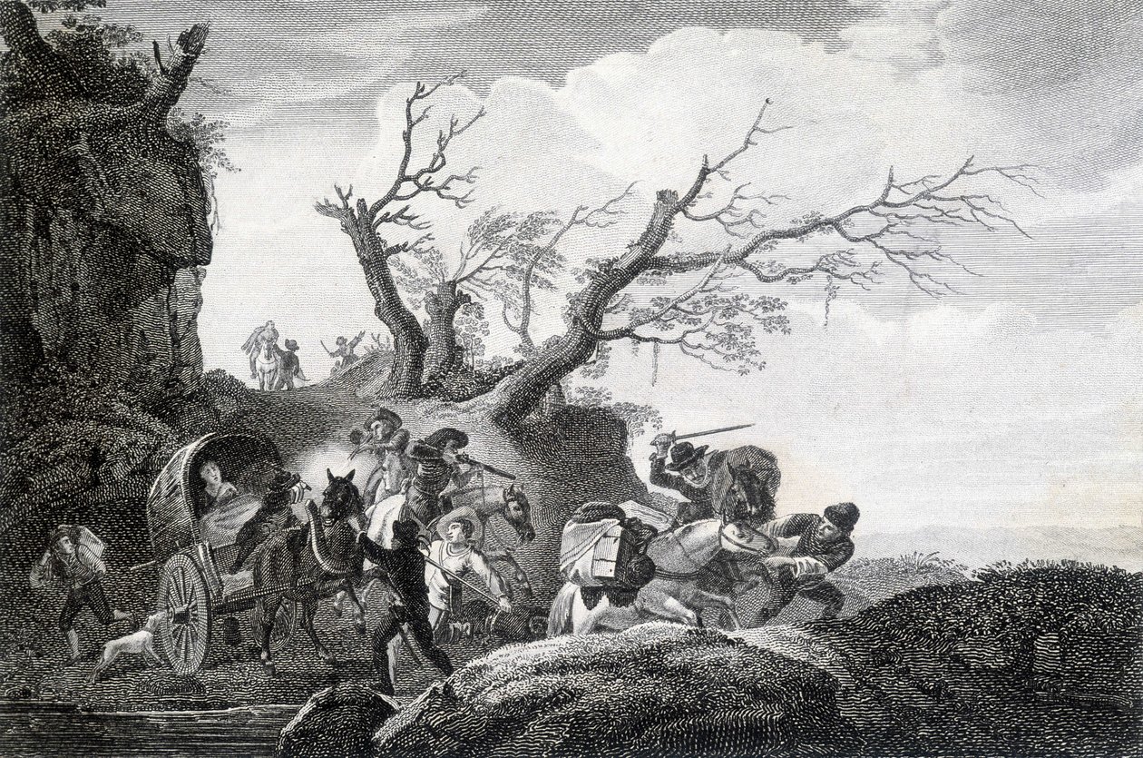 Rovers die reizigers aanvallen op een landweg. Gravure van een anonieme 18e eeuw door Unknown artist
