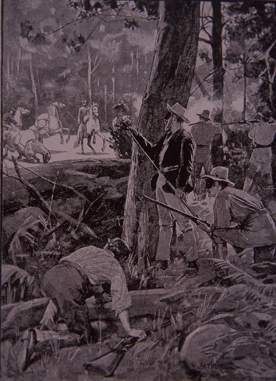 Bushrangers, Australische bandieten, beroven een goudtransport (gravure) door Unknown artist