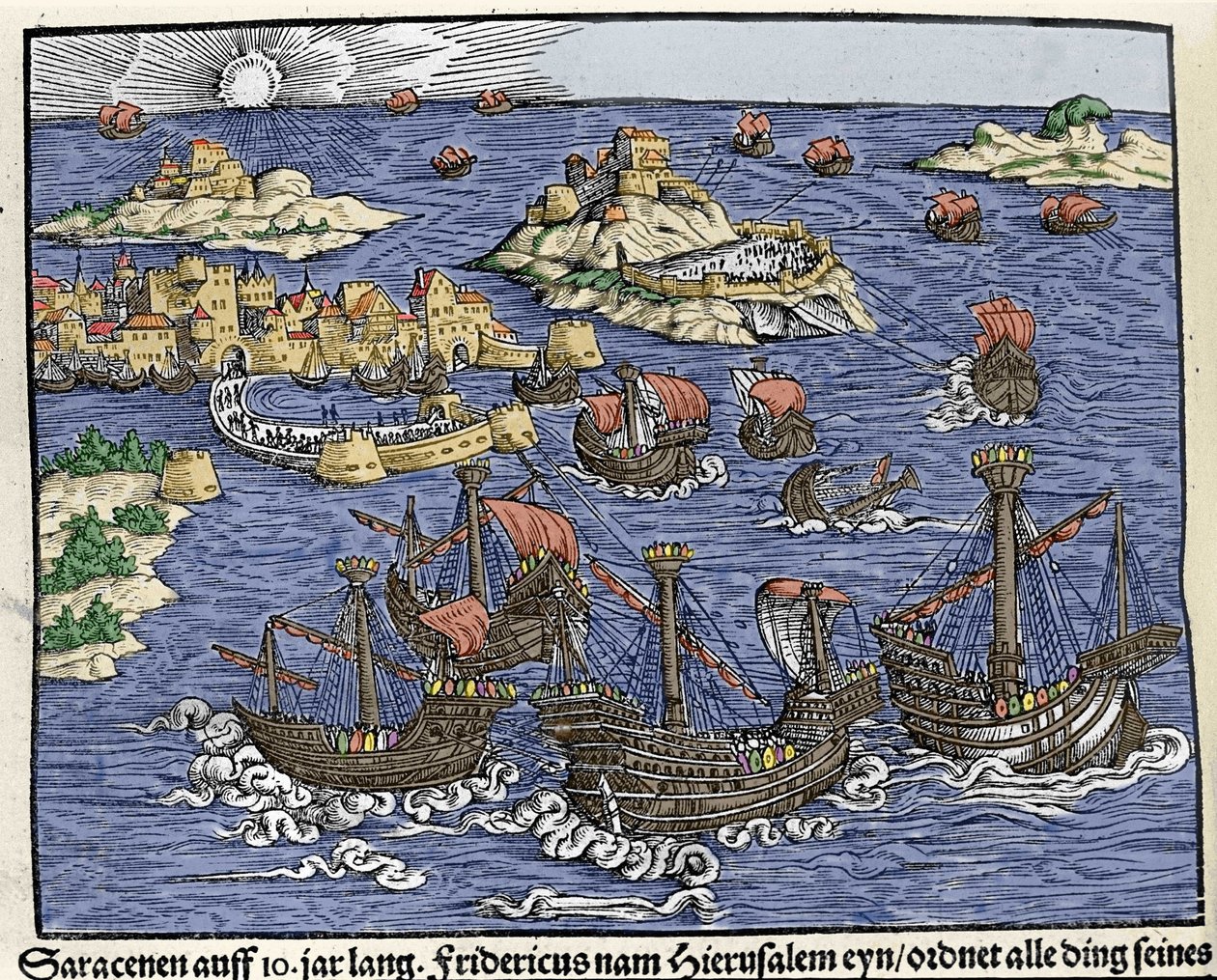 Inname van Jeruzalem door Saraceense legers in februari 638. In "Den Edlen Strengen Besten Fromen" door Johann Stumpff door Unknown artist