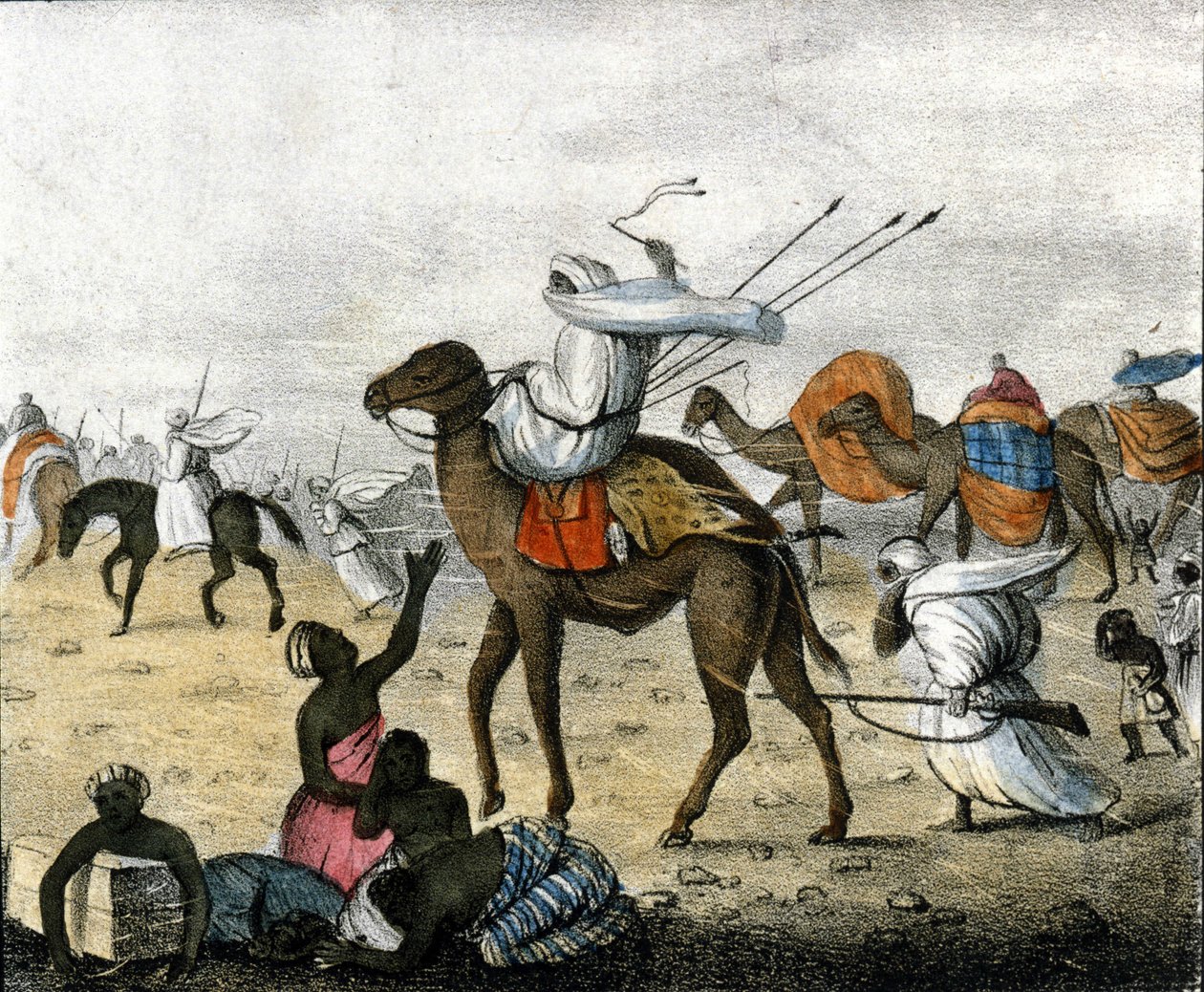 Karavaan in de woestijn in Marokko tijdens een zandstorm door Unknown artist