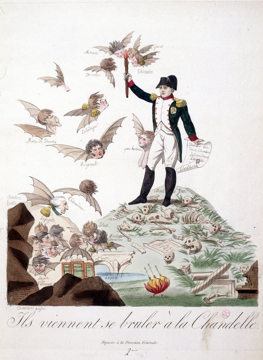 Cartoon over Napoleon I afgebeeld op een heuvel bedekt met skeletten en een kaars vasthoudend die de vleugels van personages (Merlin de Douai, Regnault...) verbrandt, afgebeeld als vleermuizen - in Napoleon I, karikaturen, dummy collectie. 1814 - 1815. B.H door Unknown artist