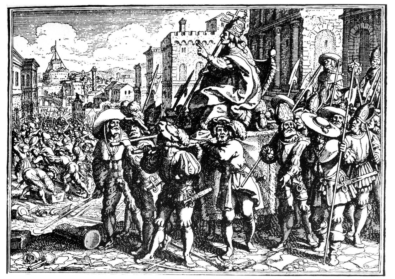 Spotprent over Paus Innocentius I tijdens de invasie en plundering van Rome door Alarik I, Koning van de Visigoten, in 410 (Plundering van Rome). Gravure in De Kroniek van Goffredo door Unknown artist