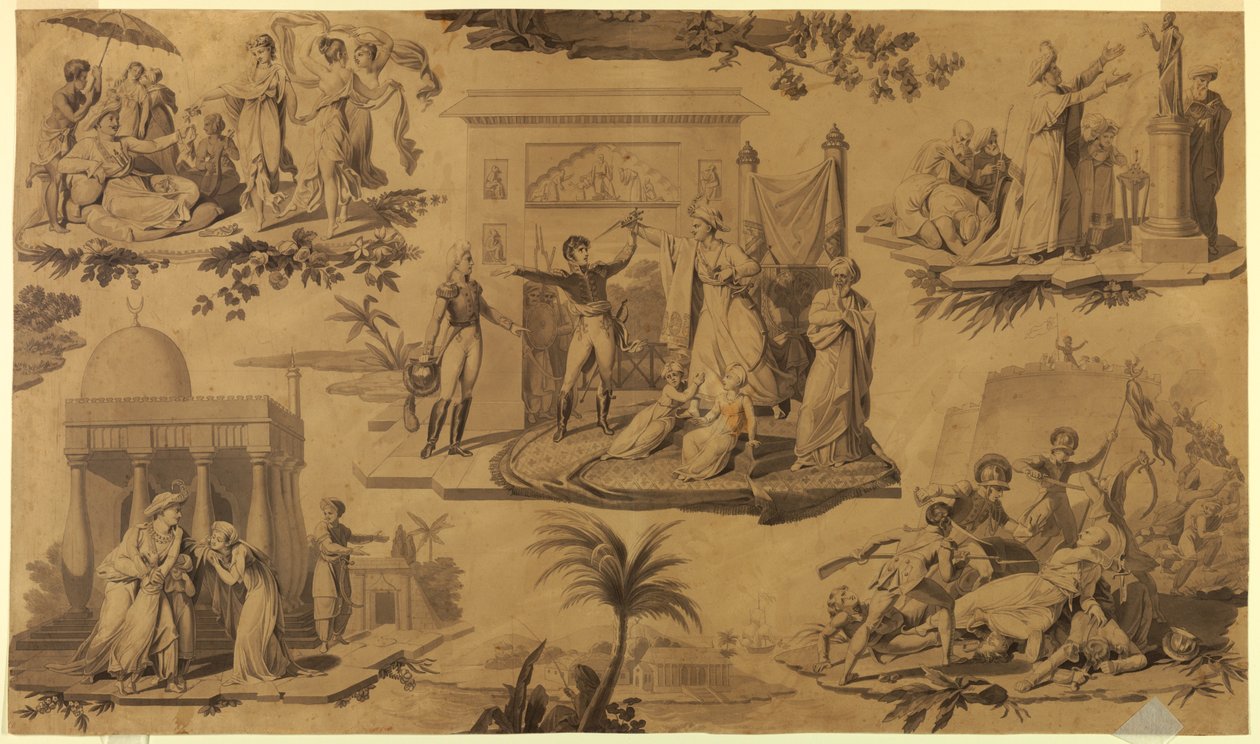 Cartoon voor bedrukte katoenen textiel: De Fransen in Egypte [Les Francais en Egypte] door Unknown artist