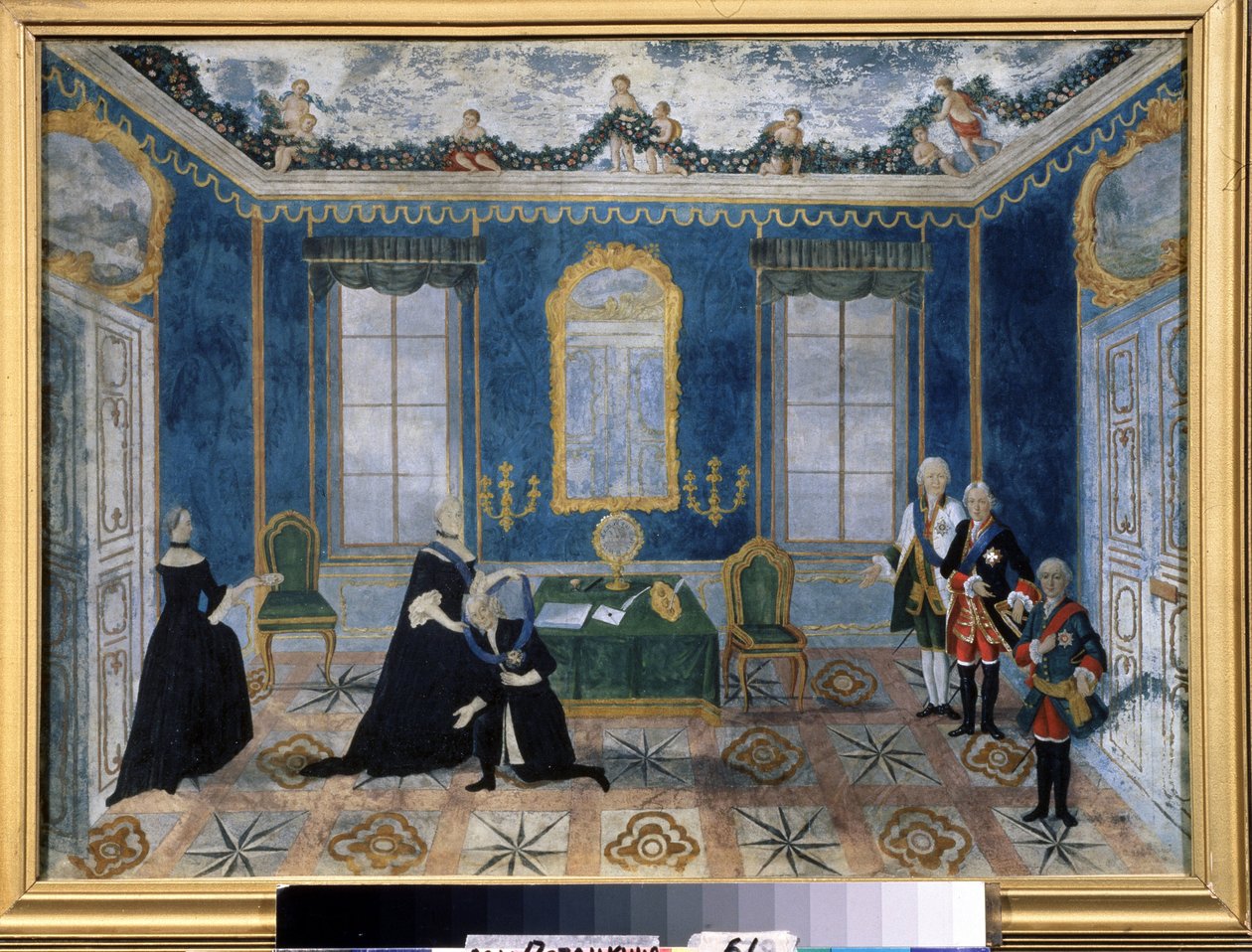 Catharina II van Rusland (1729-1796) roept kanselier Alexey Bestoezjev-Rjoemin (1693-1768) terug aan het hof. door Unknown artist