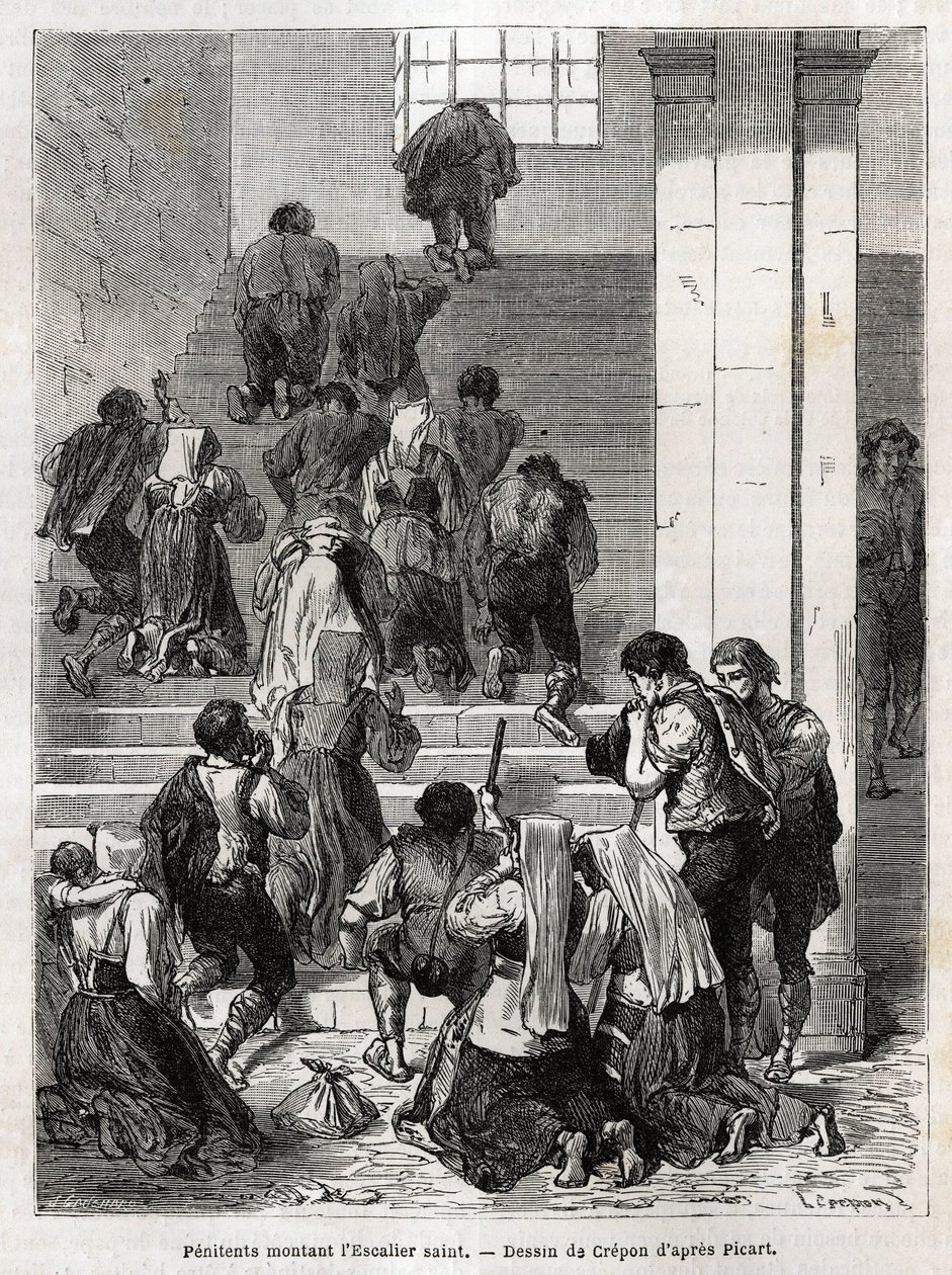 Katholieke boetelingen beklimmen de heilige trap naar Rome. Gravure ter illustratie van het verhaal van Ludovic Celler; de Heilige Week in Rome door Unknown artist
