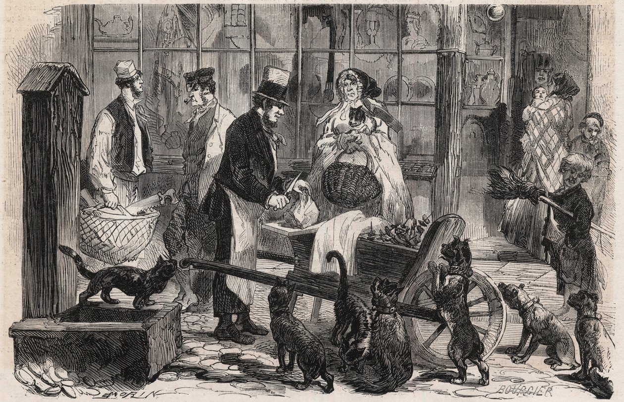Kattenvleesman op een straat in de wijk Westminster in Londen, een wandelende paardenvleesverkoper voor honden en katten - Gravure in 