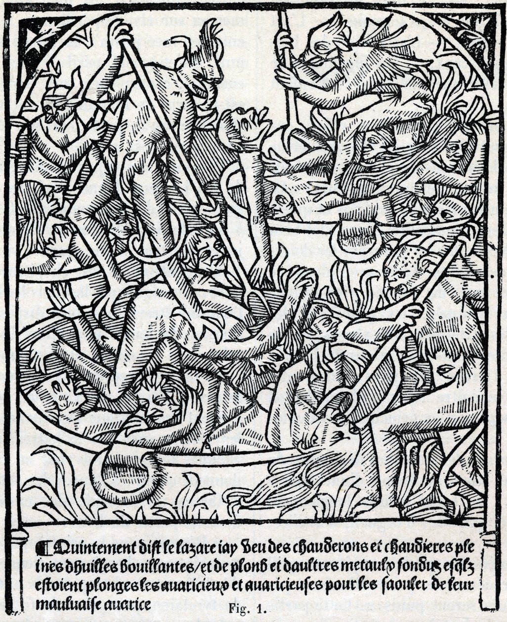 Ketels vol kokende olie en lood waarin duivels de hebzuchtigen onderdompelen om hen dronken te maken van hun slechte hebzucht. Beschrijving van Lazarus van de hel. Facsimile van 