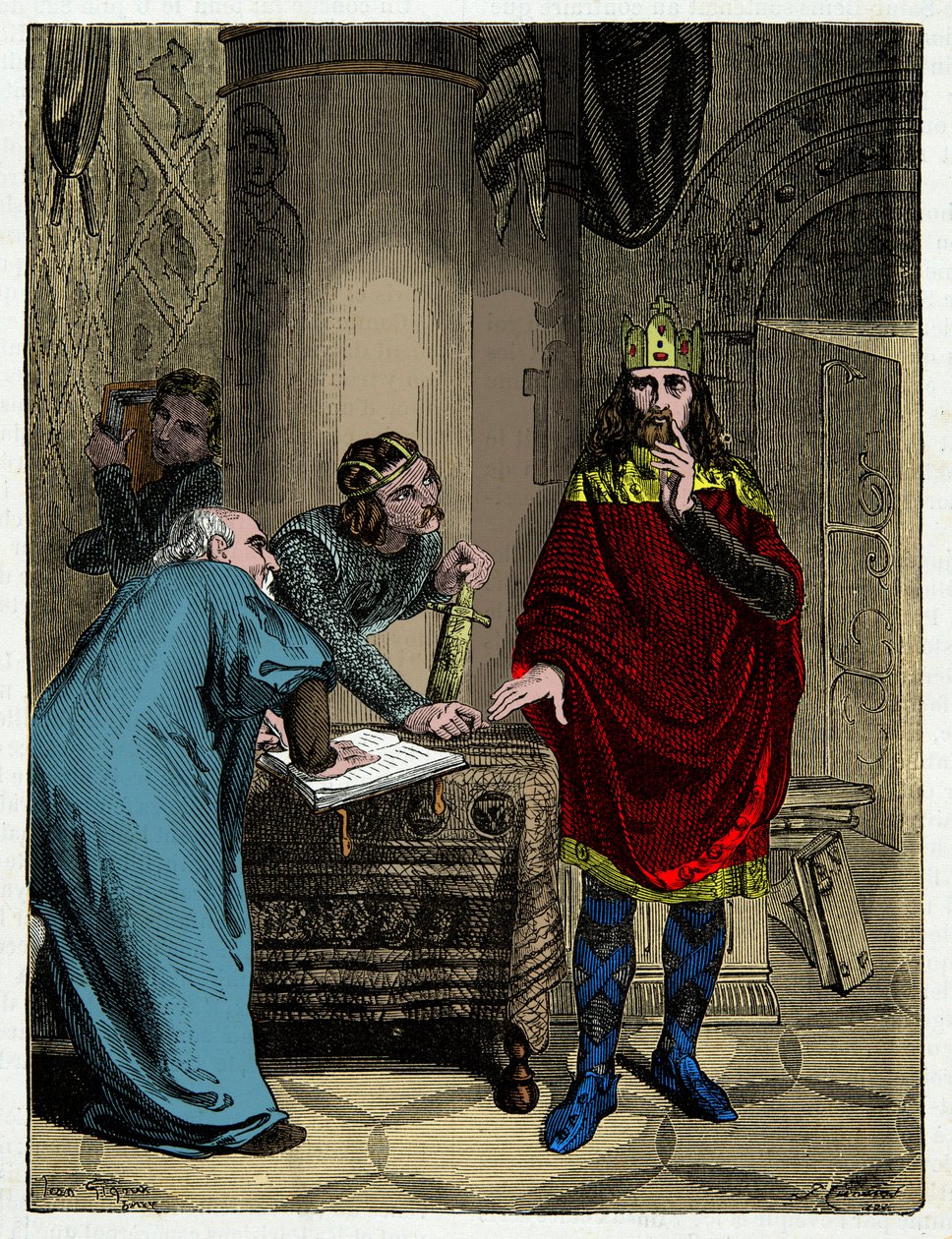 Karel de Grote dicteert zijn capitularia aan zijn minister Alcuin (732-804), gravure 19e eeuw door Unknown artist