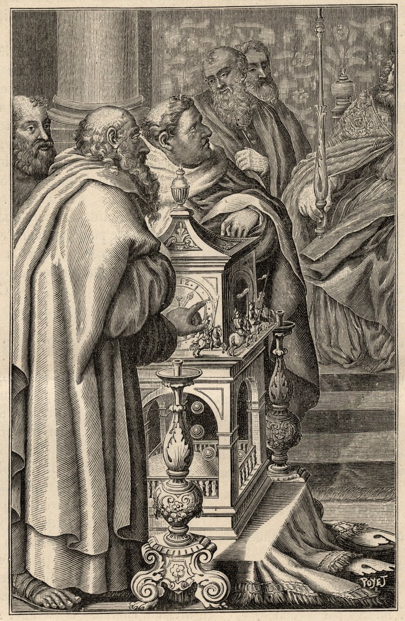 Karel de Grote ontvangt het geschenk van een clepsydra (waterklok) van Harun al-Rashid - In 797 biedt de kalief van Bagdad, Haroun ar-Rachid (765-809) Karel de Grote een clepsydra aan, symbool van de technologische knowhow van de Arabische beschaving door Unknown artist