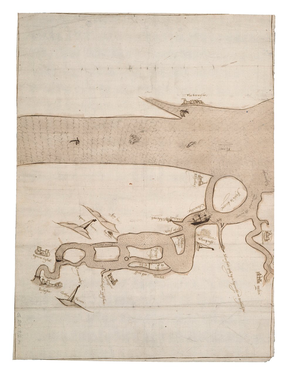 Kaart van de rivier Medway en een deel van de Theems: nr.24 Sheerness, c.1590 (inkt en was) door Unknown artist