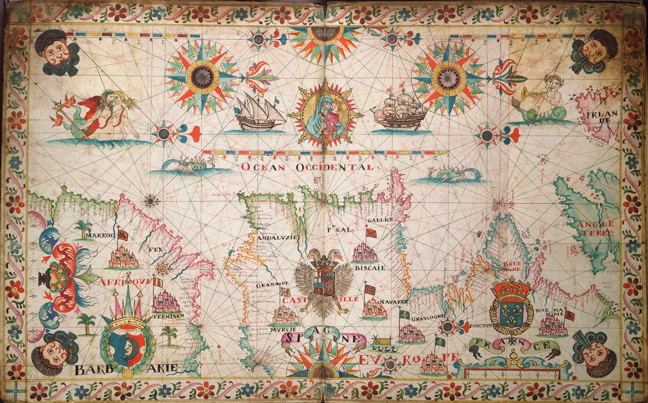 Kaart van de noordoostelijke Atlantische Oceaan, van Ierland tot Kaapverdië, ca. 1600 door Unknown artist