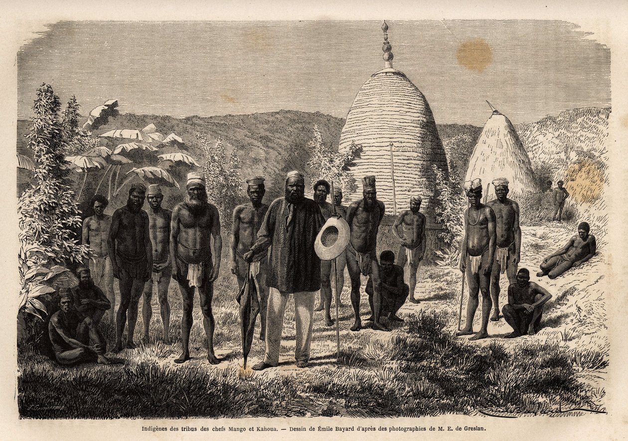 Hoofdman Mango, wiens Kone-stam verzwakt was door opeenvolgende aanvallen van de bergstammen, vond toevlucht in Gatope, aan de kust door een vriendelijk volk geleid door hoofdman Kahoua (met hoed en paraplu). Gravure ter illustratie van de reis naar Nieuw- door Unknown artist
