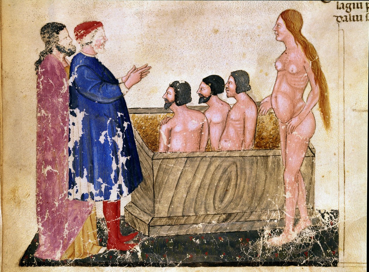 Cirkel van vleiers: Dante en Virgil ontmoeten Alessio Interminelli (of Intermineii), Heer van Lucca, en Thais de prostituee. Verlichte pagina die het 18e lied van de Hel uit de 