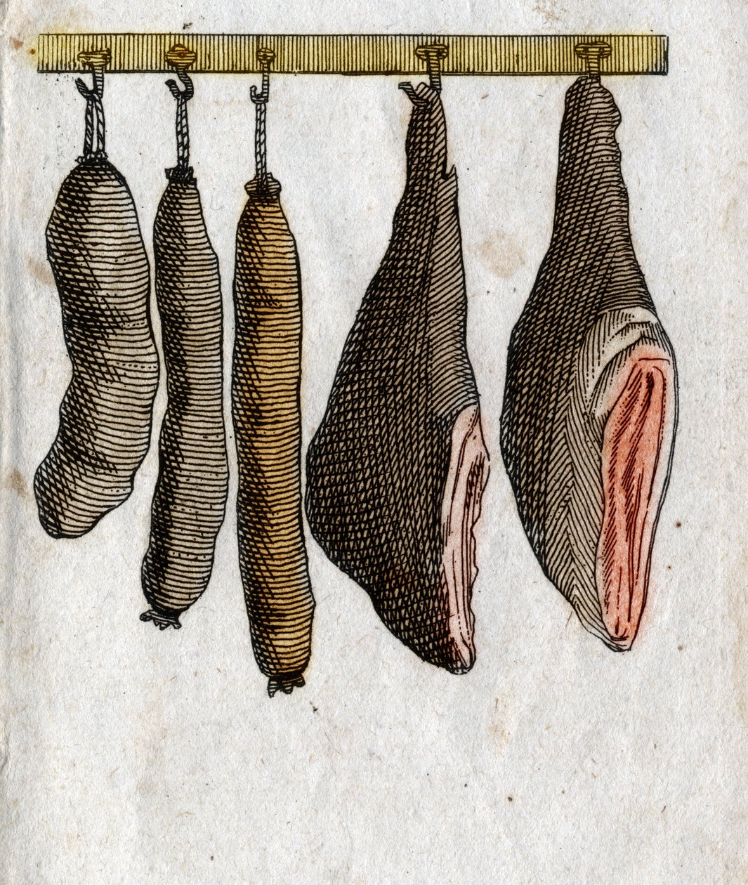 Vleeswaren: Vleesvorken met ham en opgehangen worst. Eindgravure van de 18e eeuw. Privécollectie. door Unknown artist