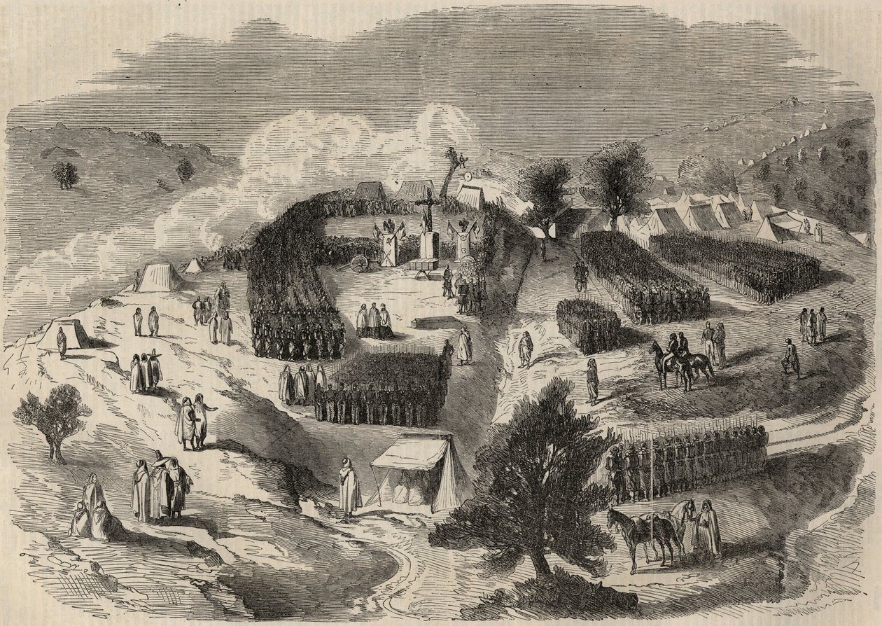 Verovering van Algerije: expeditie naar Groot Kabylia in 1857, het leggen van de eerste steen van Fort Napoleon in Souk-el-Arba. Gravure in 