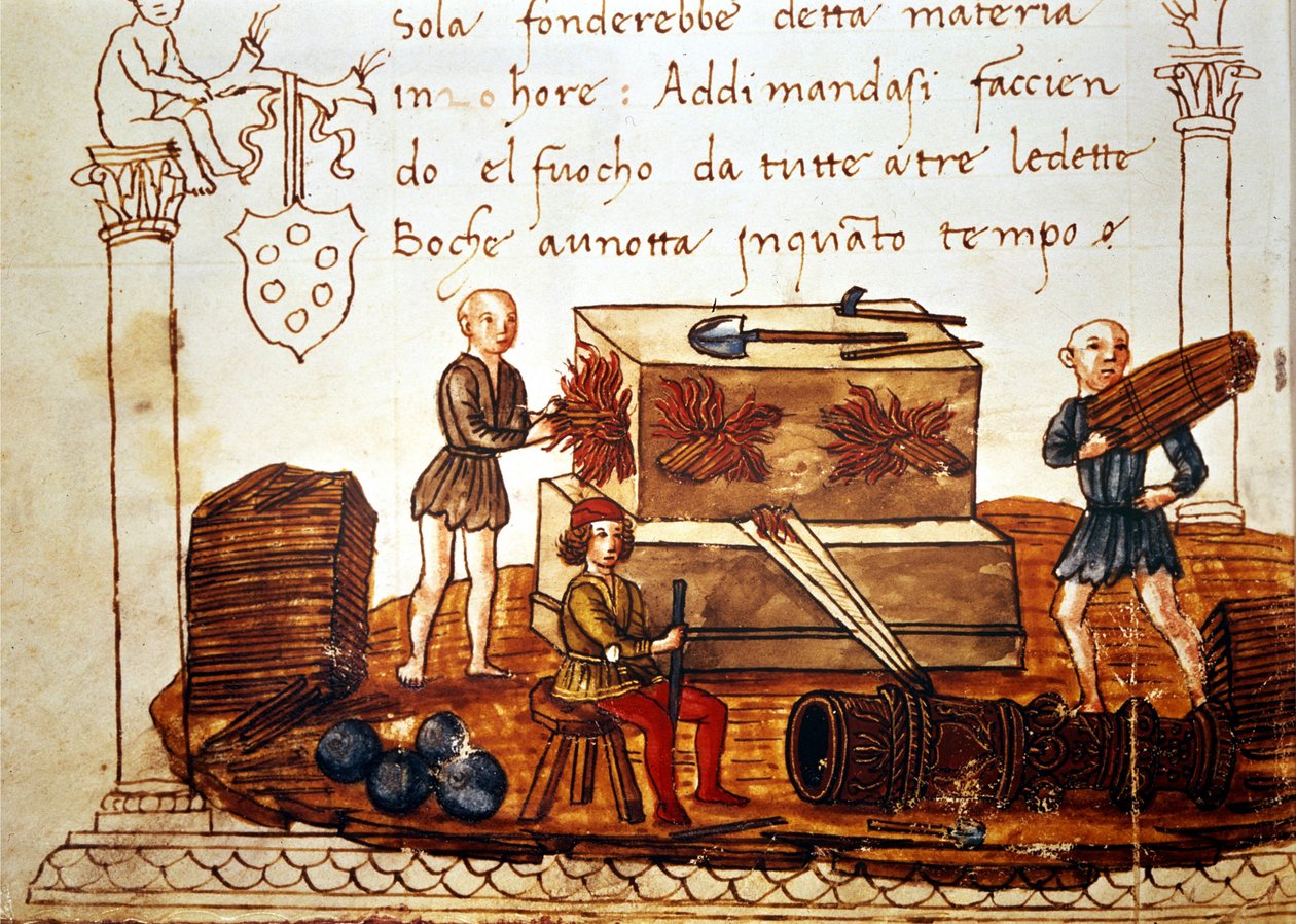 Constructie van een bom (mortier) in de 15e eeuw. Uit het wiskundeboek van Giuliano de 
