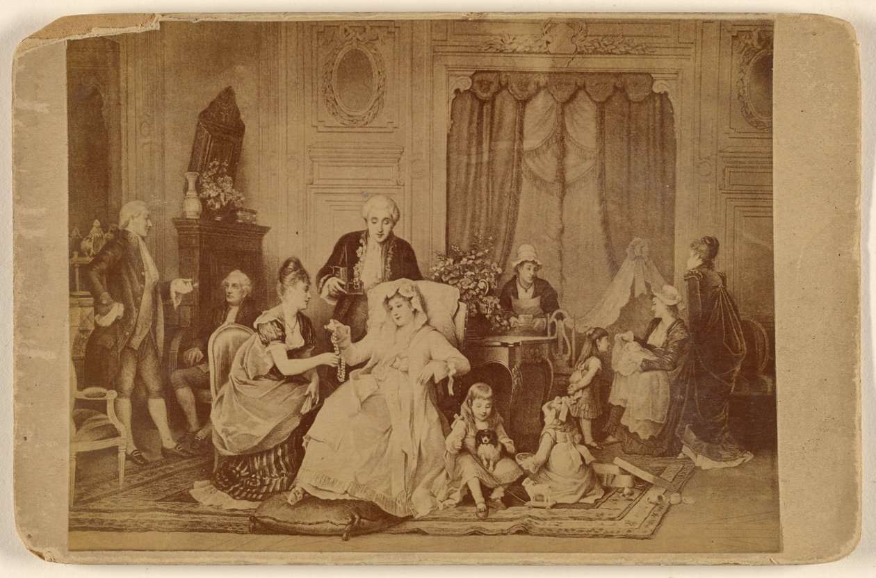 [Kopie van een onbekend kunstwerk: een zittende vrouw, met haar voet op een kussen, wordt bediend]. door Unknown artist