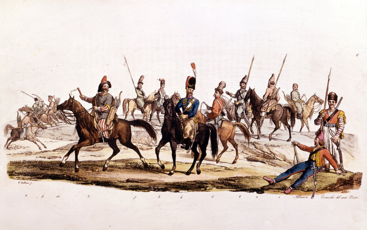 Kozakken: 1e 2e Kozakken 3e Kozak van Don 4e Officiële Kozakken van Don 5e Kozak Chernomowskij 6e Kozak van Oeral 7e Reguliere Kozak 8e Bashkir 9e en 10e Kalmouk door Unknown artist