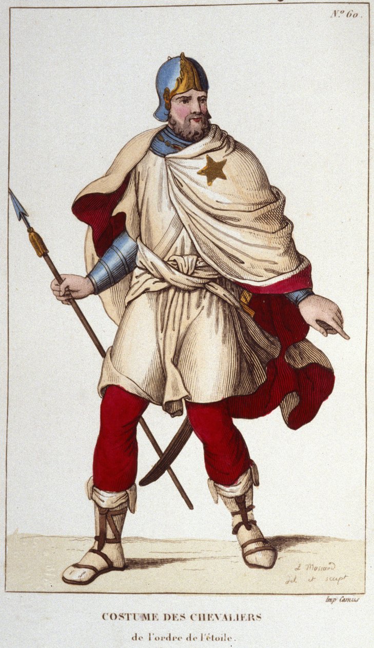 Kostuum van Ridder van de Orde van de Ster, opgericht door Jan II de Goede, in 1351. Gravure uit 1830 door Unknown artist