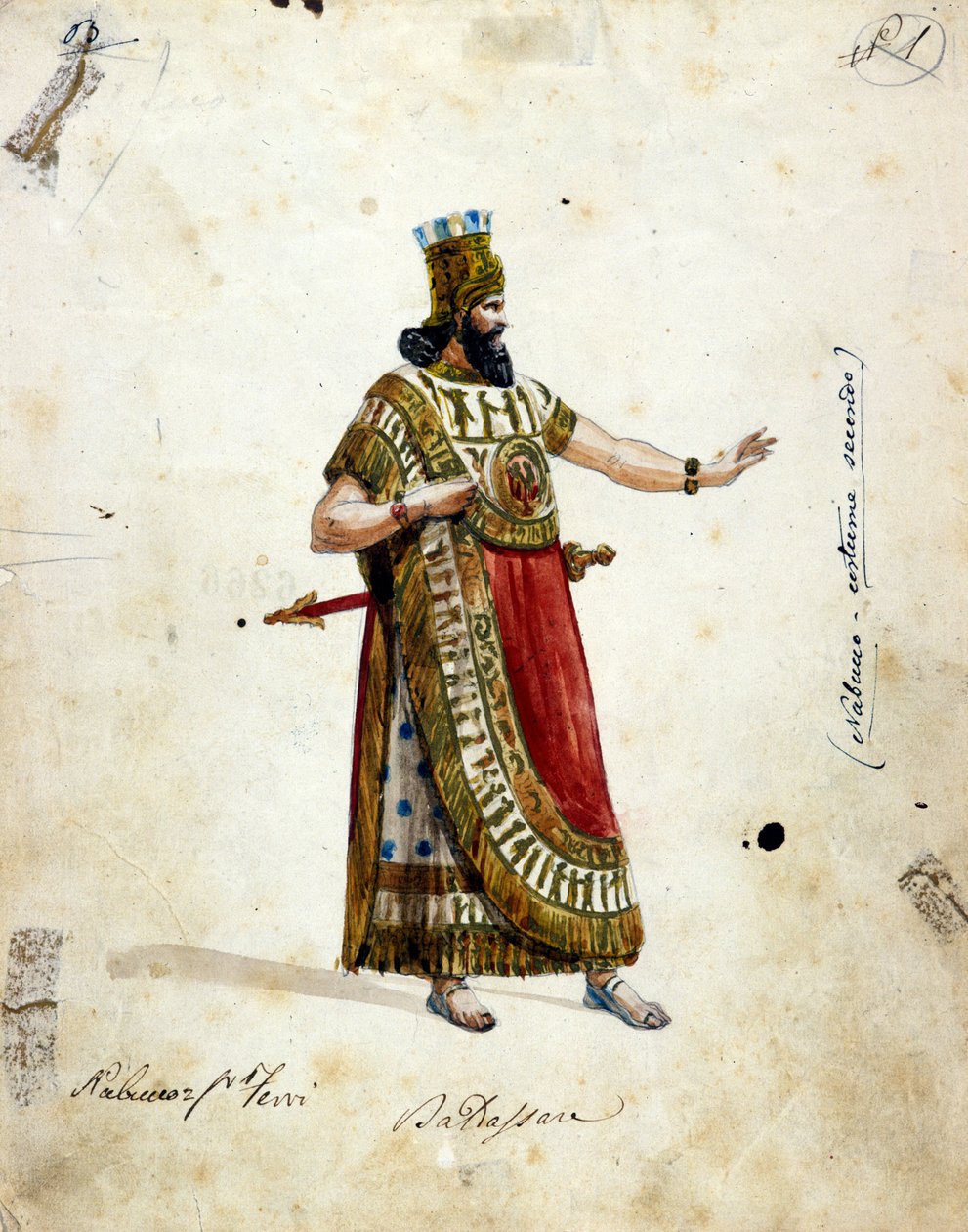 Kostuum van Nabuchadnezzar, koning van Babylon, in de opera van Giuseppe Verdi (1813 - 1901), “Nabucco” eerst genoemd “Nabucodonosor”. Musée de la Scala door Unknown artist